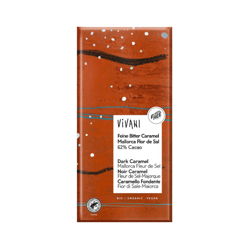 Vivani Chocolate Dark Caramel & Mallorca Fleur de Sel ØKO 80g i gruppen Råvarer & Drikke / Godteri og sjokolade / Sjokolade og bars hos Rawfoodshop Scandinavia AB (4703)