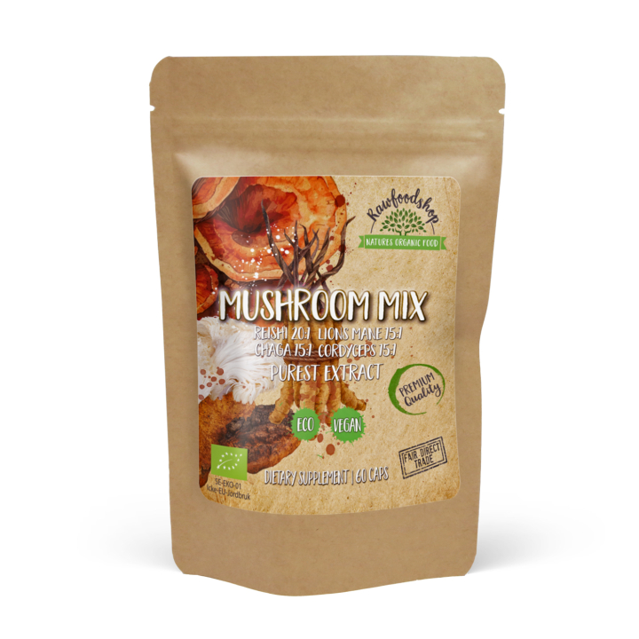 Mushroom mix Extract ØKO 400mg 60 kapsler i gruppen Kosttilskudd / Urter & Planter / Sopp hos Rawfoodshop Scandinavia AB (CAPSMUS60)